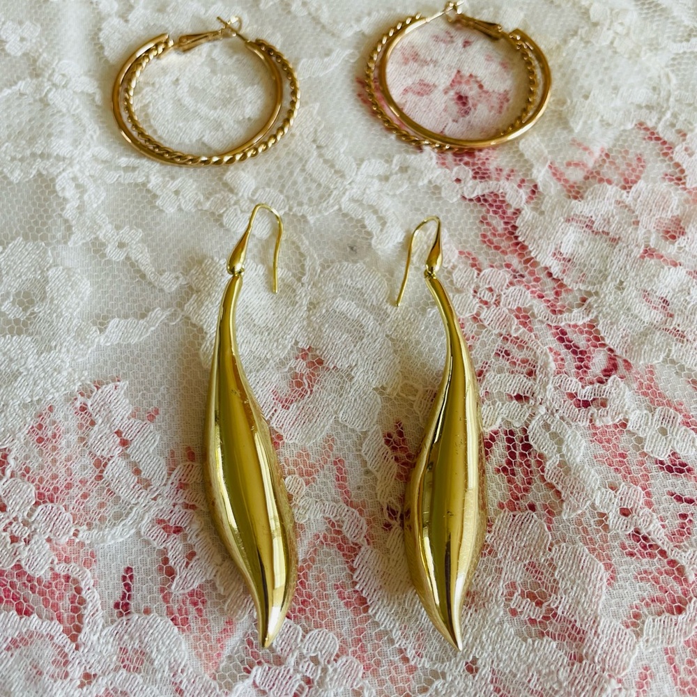 Bundle of 2 Gold Tone Pierced Earrings. 
3” Sleek Curved Design & 2” Hoop.